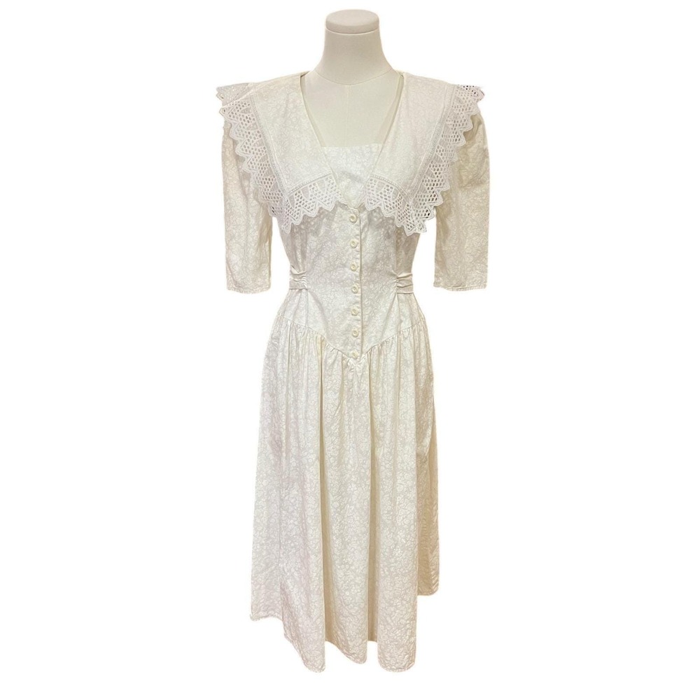 Vintage White Cotton Lace Collar Prairie Midi Dress Button Front S
